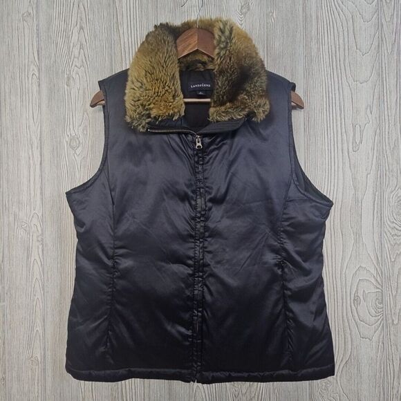 Lands End Puffer Down Vest Women's Medium 10-12 Blue‎ Faux Fur Collar Insulated - Picture 1 of 12